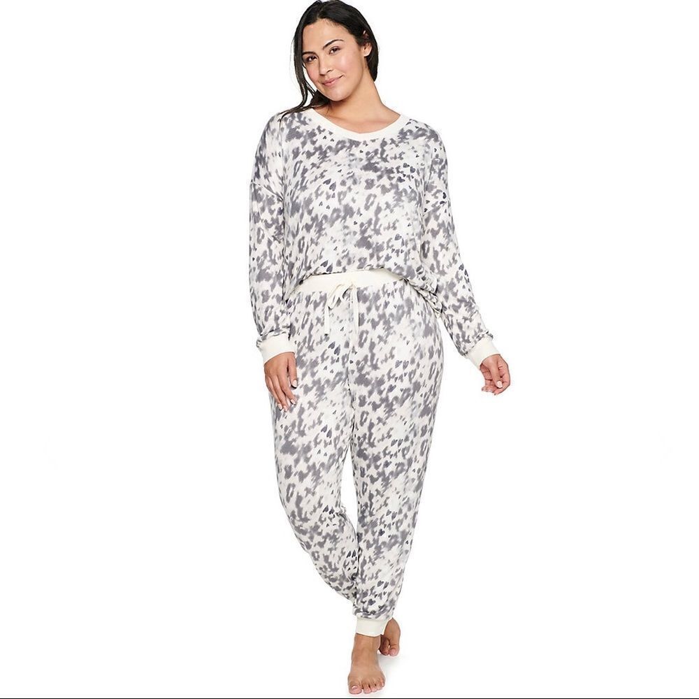 NWT Plus Size 3X Sonoma 2,Pc V-Neck Pajama Top & Pants Sleep Set Gray Leopard